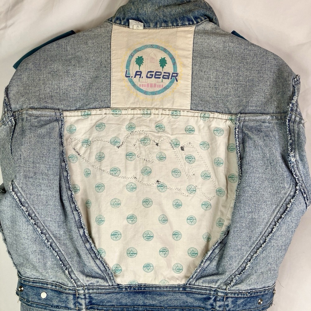 Vintage L.A. Gear Denim Jacket Cropped 80s 90s Logo Patch Teal Pink Y2K Style M - Picture 13 of 16